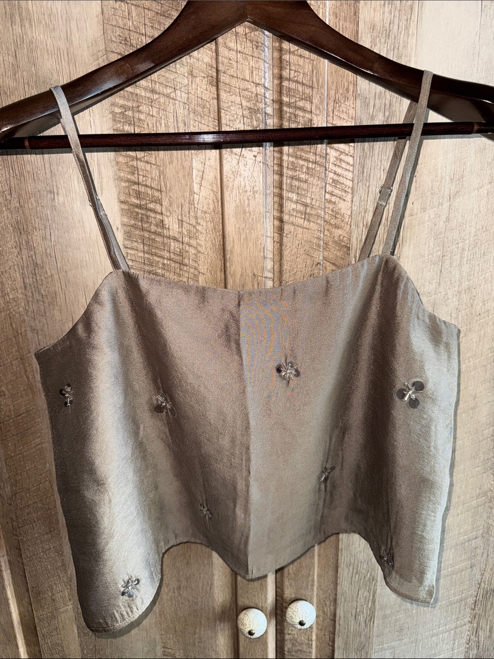 Loft Silk-Look Taupe Embellished Spaghetti Strap Top Xs